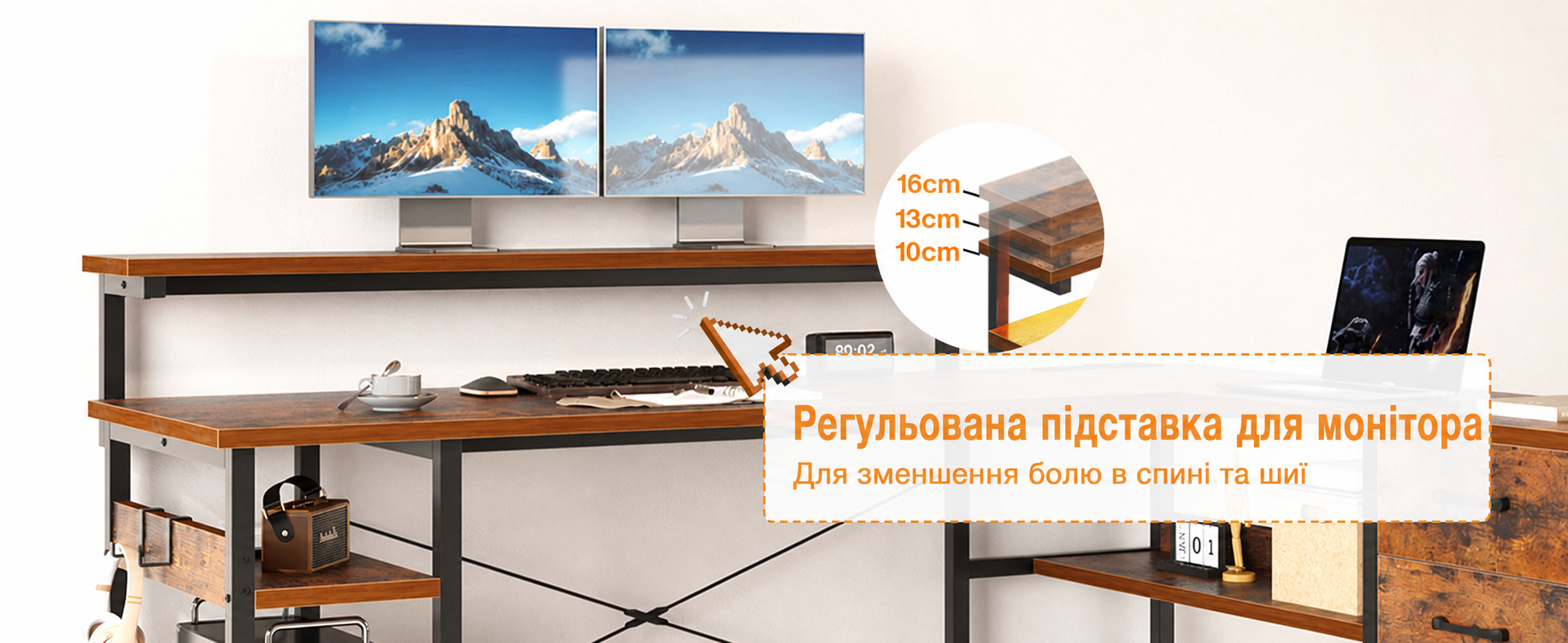 Письмовий стіл ODK з ящиками, кутовий L-подібний стіл з розетками, USB, LED підсвіткою для домашнього офісу, 135×110 см, вінтажний коричневий