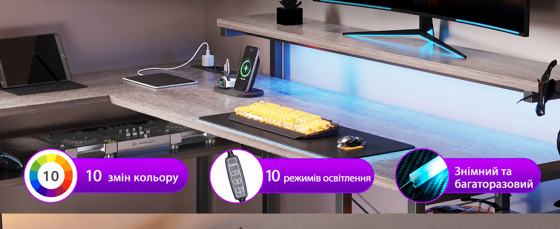 Письмовий стіл ODK з шухлядами, L-подібний кутовий стіл з 2 розетками та 2 USB-портами для зарядки, офісний стіл з LED-підсвічуванням для дому та офісу 155×110 см (Дерево дуб сірий)