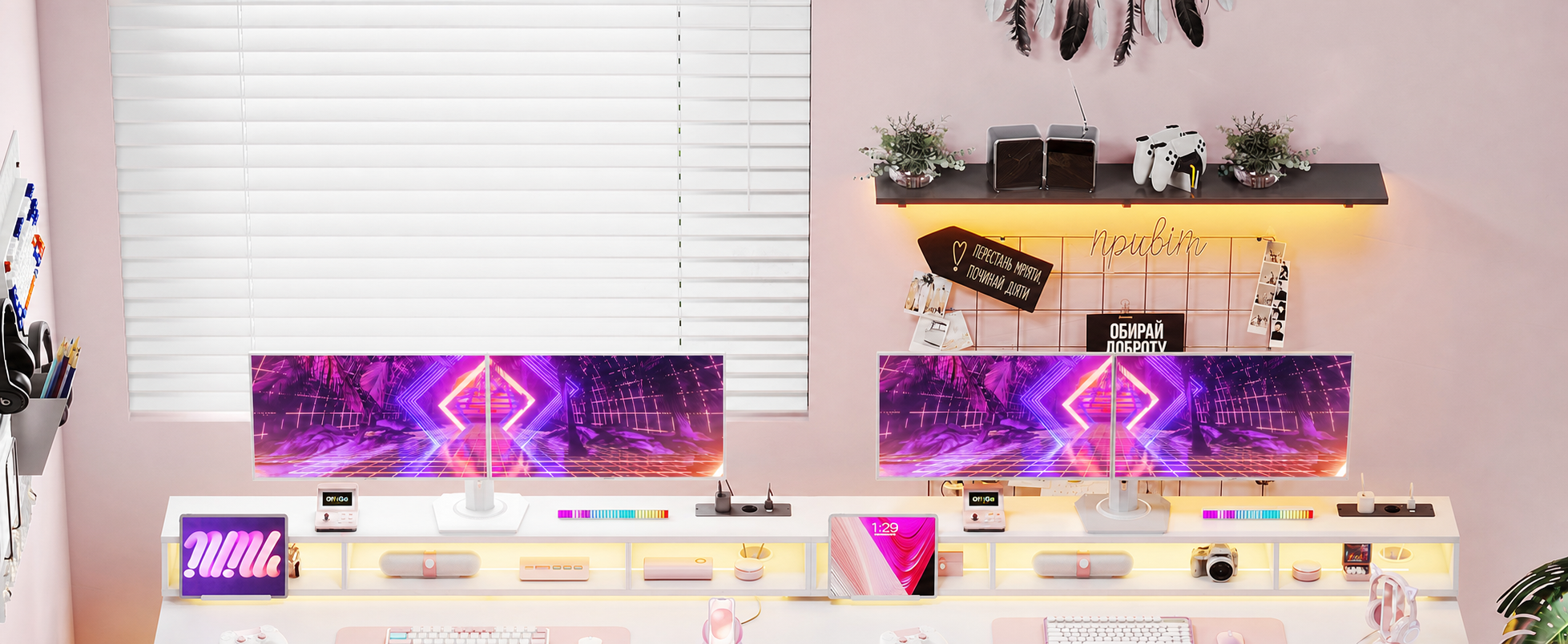 Офісний стіл для геймінгу OffiGo, 140 см, регульована висота, RGB LED, розетки, 3 полиці, тримач для напоїв та навушників, поверхня з карбону, білий колір
