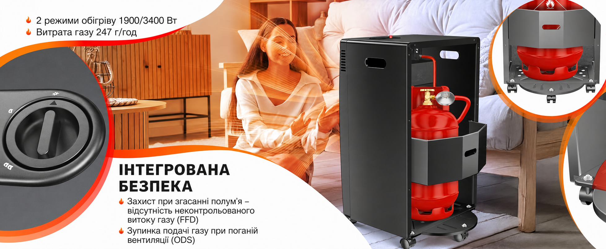 Газовий обігрівач KESSER®: газовий камін-обігрівач з інфрачервоним випромінюванням, 3.4 кВт, 2 режими, з регулятором тиску та шлангом, сумісний з бутаном/пропаном (до 11 кг), антрацит (Газовий балон не входить у комплект)