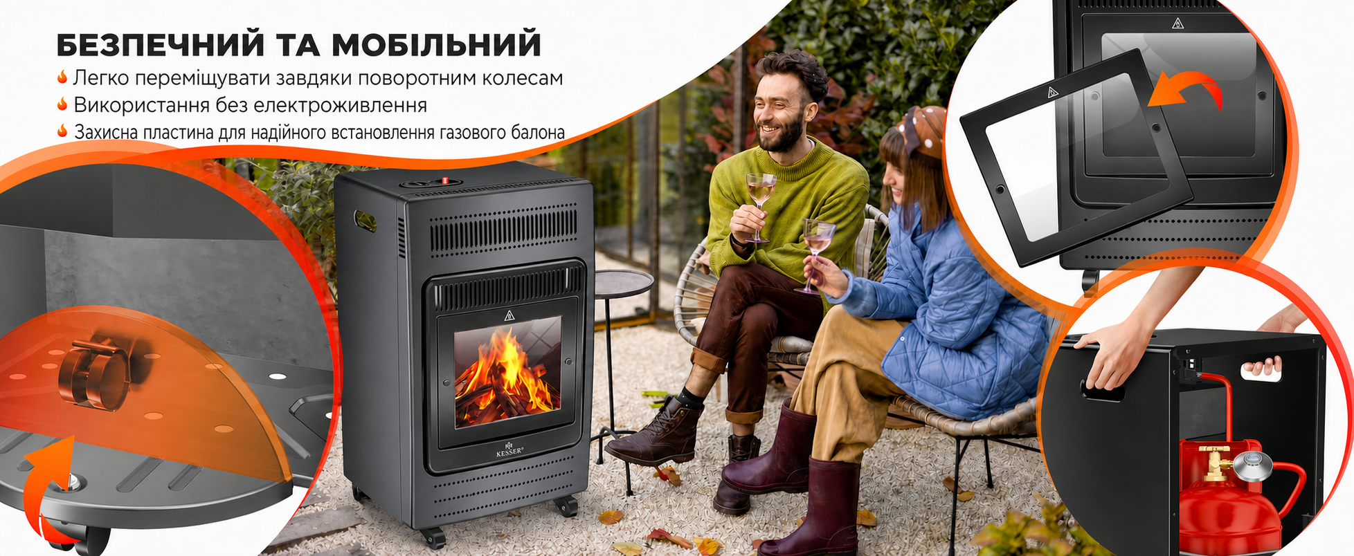 Газовий обігрівач KESSER®: газовий камін-обігрівач з інфрачервоним випромінюванням, 3.4 кВт, 2 режими, з регулятором тиску та шлангом, сумісний з бутаном/пропаном (до 11 кг), антрацит (Газовий балон не входить у комплект)