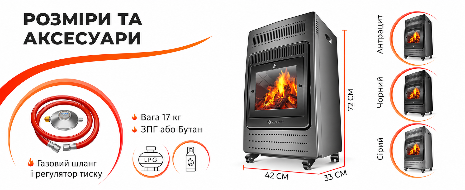 Газовий обігрівач KESSER®: газовий камін-обігрівач з інфрачервоним випромінюванням, 3.4 кВт, 2 режими, з регулятором тиску та шлангом, сумісний з бутаном/пропаном (до 11 кг), антрацит (Газовий балон не входить у комплект)