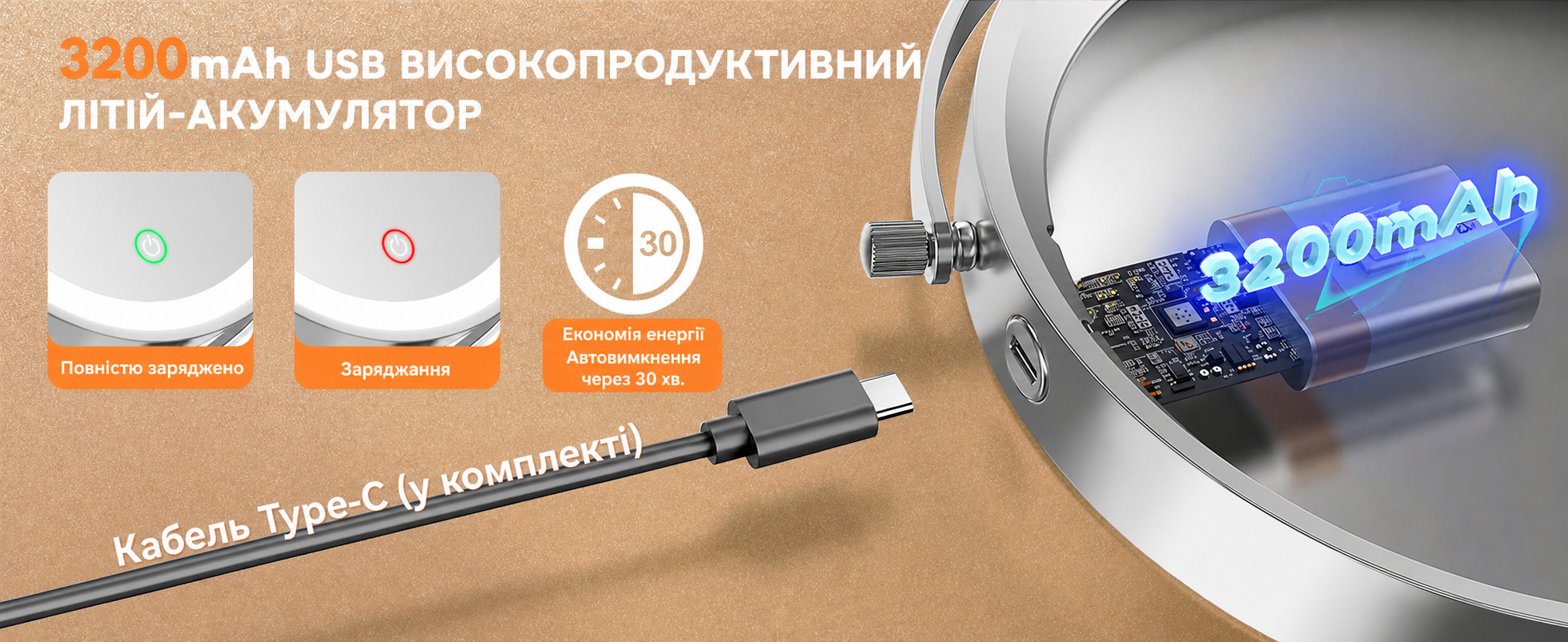 Дзеркало для макіяжу Auxmir з підсвічуванням 1X/30X, перезаряджуване, з LED, для гоління та макіяжу, настінне, поворотне на 360°, з 3 кольорами світла, 3200mAh, срібне
