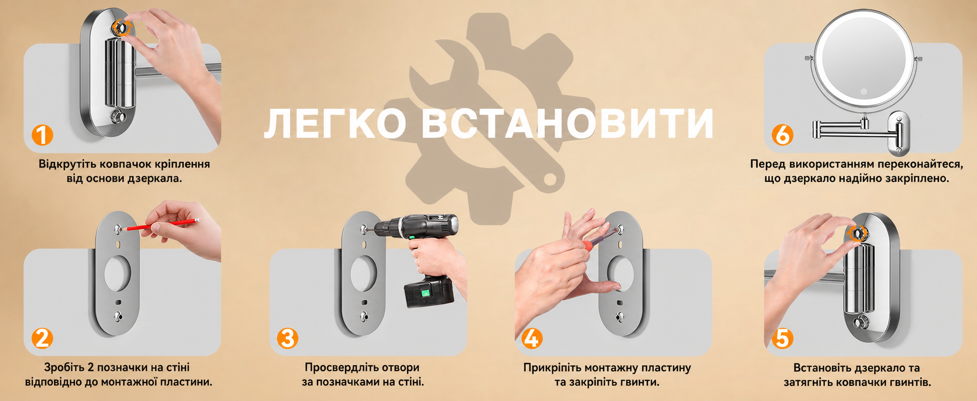 Дзеркало для макіяжу Auxmir з підсвічуванням 1X/30X, перезаряджуване, з LED, для гоління та макіяжу, настінне, поворотне на 360°, з 3 кольорами світла, 3200mAh, срібне