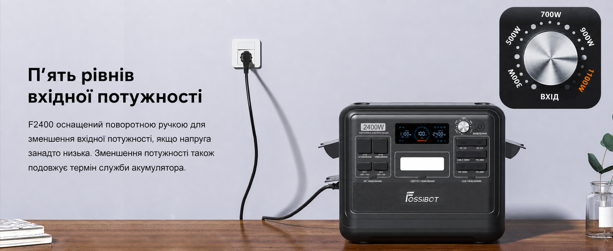 Портативна електростанція FOSSiBOT F2400, ємність 2048 Wh, номінальна потужність 2400 W, пікова потужність 4800 W