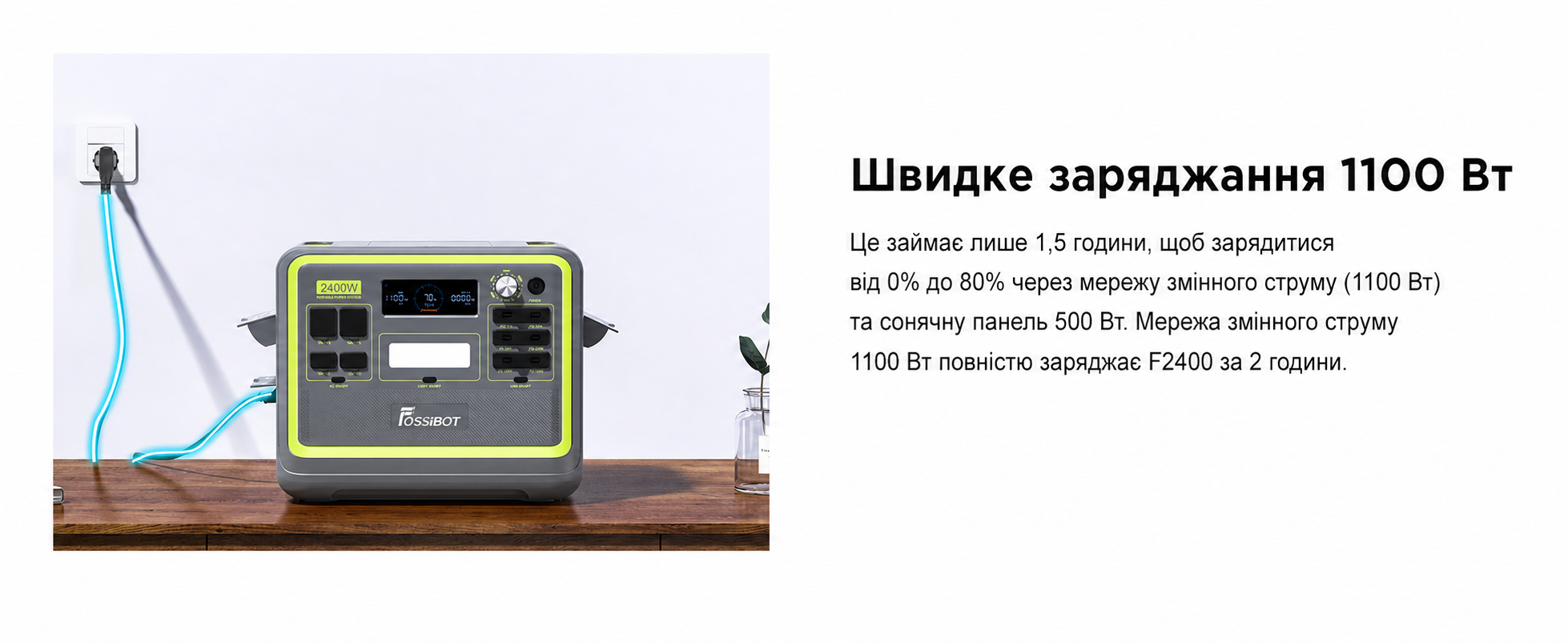 Портативна електростанція FOSSiBOT F2400, ємність 2048 Wh, номінальна потужність 2400 W, пікова потужність 4800 W