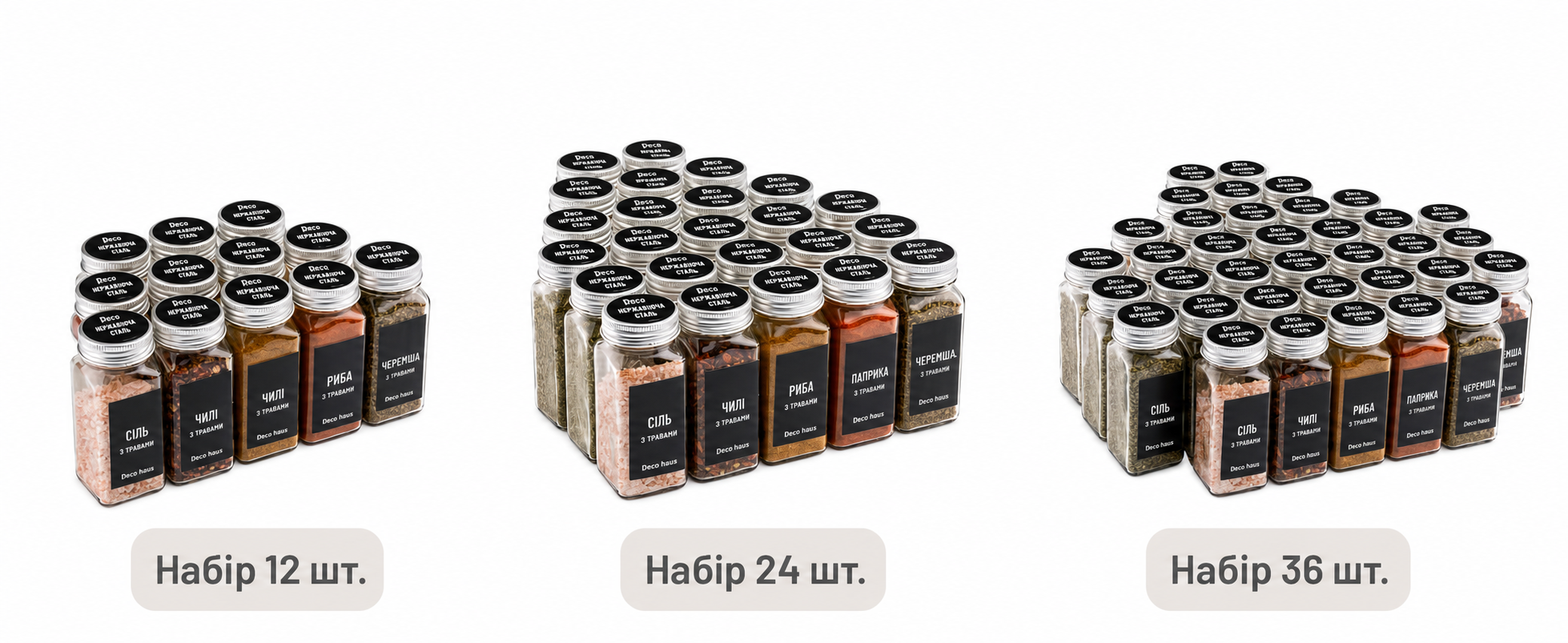 Набір скляних баночок для спецій Deco haus, 24 шт., квадратні, з гвинтовою кришкою, етикетками та насадками для посипання – органайзер для спецій, зберігання спецій