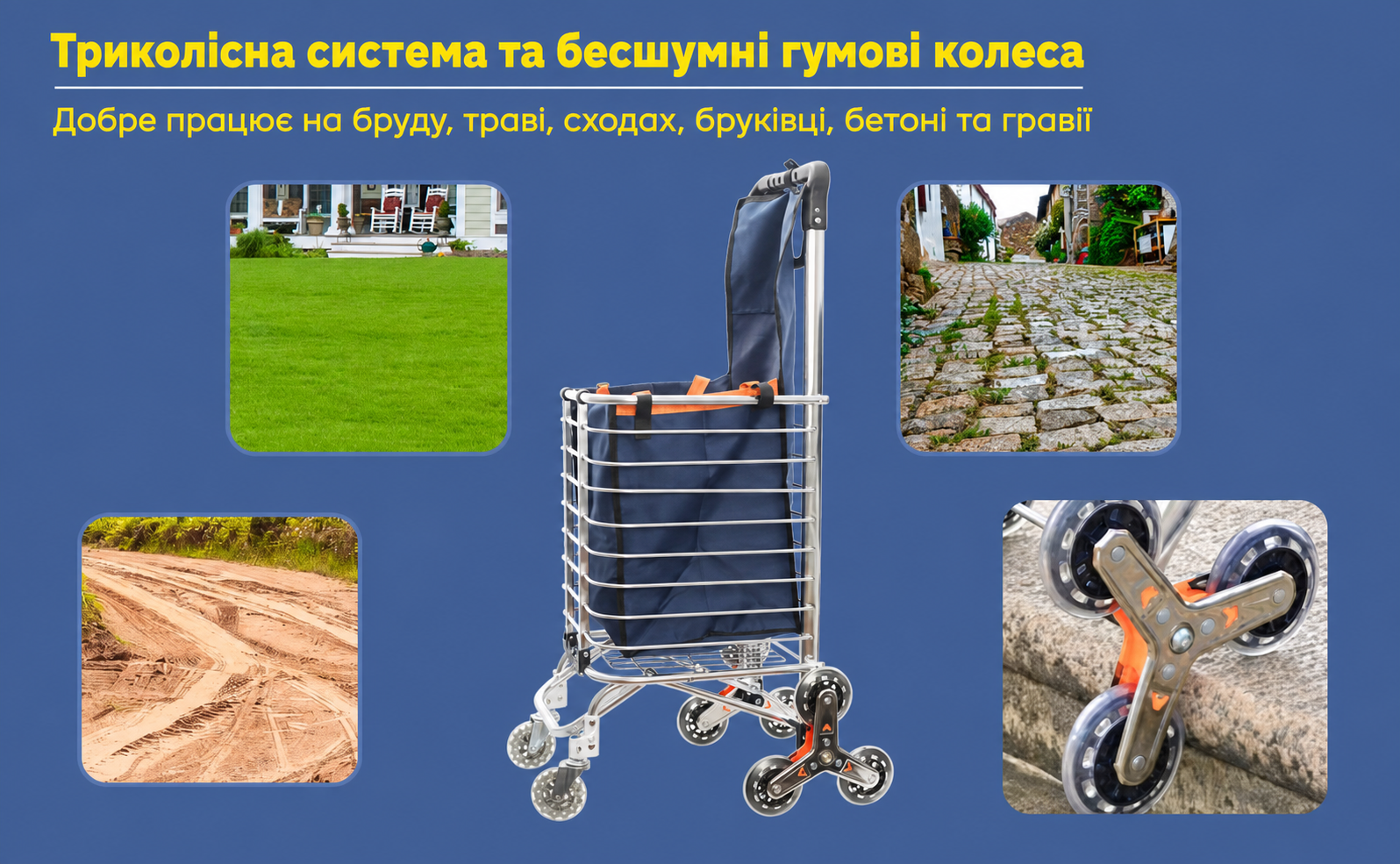 Складний візок для покупок із 8 колесами для сходів, знімна водонепроникна сумка, алюмінієва рама, 30x45x95 см, синій