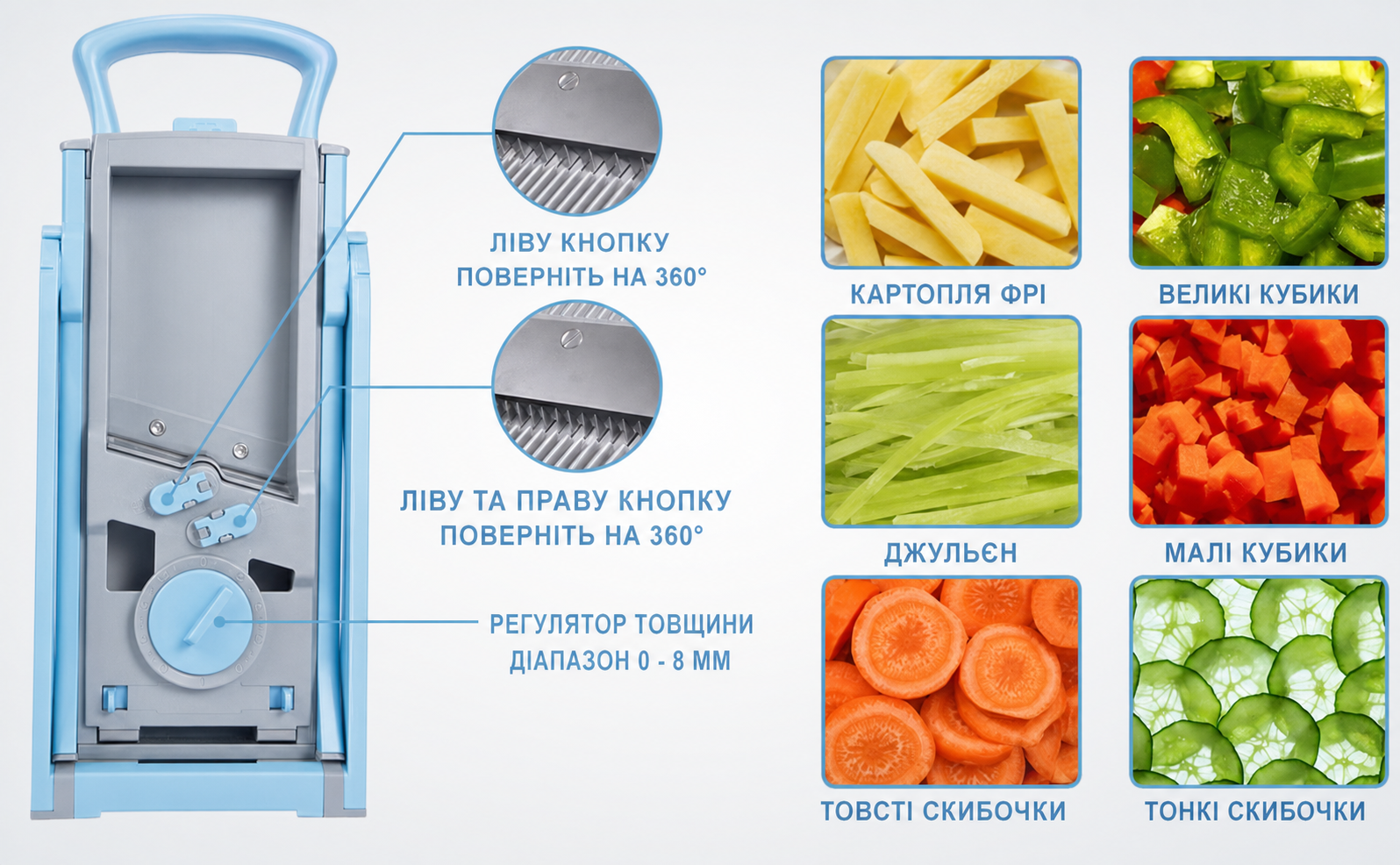 Овочерізка ONCE FOR ALL із контейнером, багатофункціональна скиборізка для картоплі, моркви, цибулі та огірків, шаткувальниця, джулієн для фрі, колір блакитний