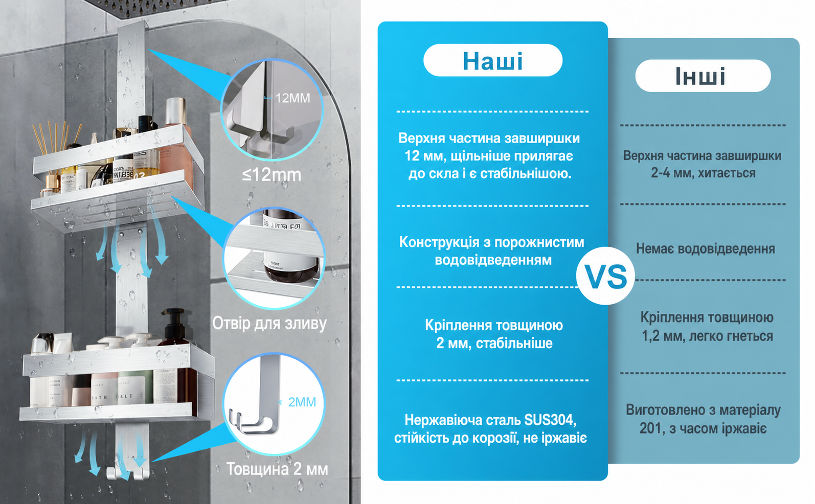 Підвісна полиця для душу UUlioyer з нержавіючої сталі SUS304, без свердління, для безрамних скляних дверей, тримач для шампуню та гелю, срібляста