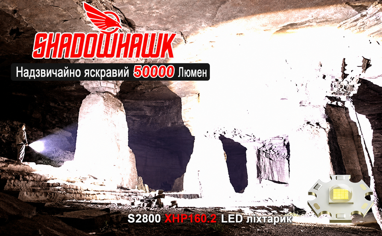 Ліхтарик Shadowhawk LED XHP160.2 50000 Люмен, акумуляторний, тактичний, водонепроникний IP67, USB-зарядка, для кемпінгу та активного відпочинку, чорний