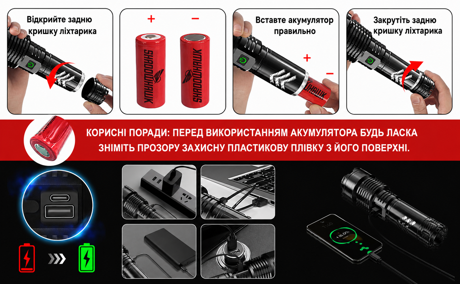 Ліхтарик Shadowhawk LED XHP160.2 50000 Люмен, акумуляторний, тактичний, водонепроникний IP67, USB-зарядка, для кемпінгу та активного відпочинку, чорний
